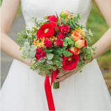 Red Bouquet Wedding Bridal Flowers Artificial Orange Roses Brides Holding Flower