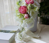 White Roses Silk Round Brooch Flowers Wedding Bouquet